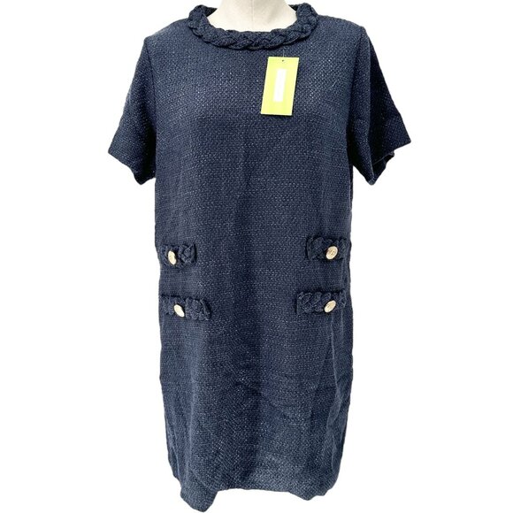 New Collection Dress Womens XL Navy Blue Braided Collar SS Textured Shift Dress - Picture 1 of 11
